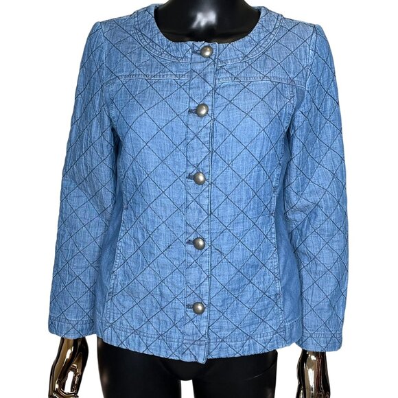 Chico's Quilted Denim-Look Jacket Size 0 (Small) Button Front Blue Lightweight - Picture 6 of 13